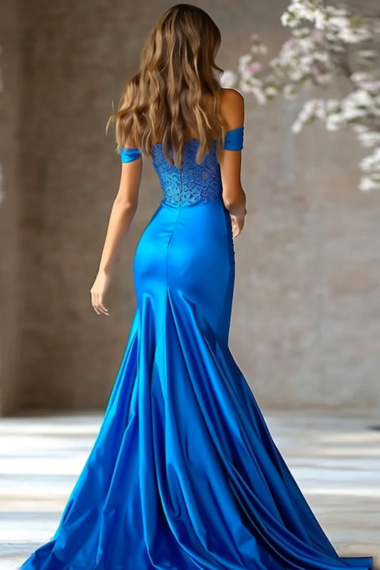 Royal Blue Satin Mermaid Off The Shoulder Long Prom Dress with Slit