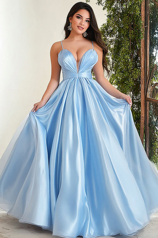 Ball Gown Sky Blue Organza Spaghetti Straps Long Prom Dress