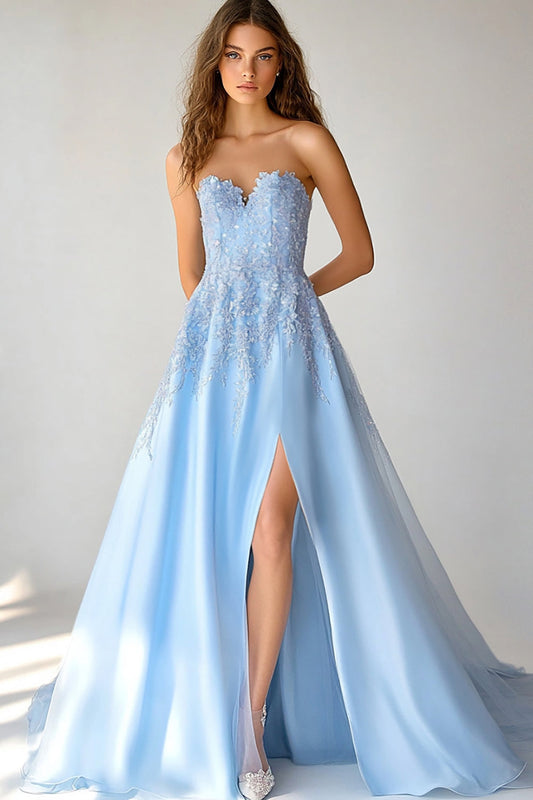 Sky Blue A Line Organza Strapless Long Prom Dress with Slit