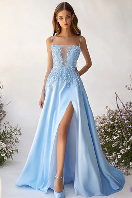 Sky Blue Satin A-Line Spaghetti Straps Long Prom Dress with Slit