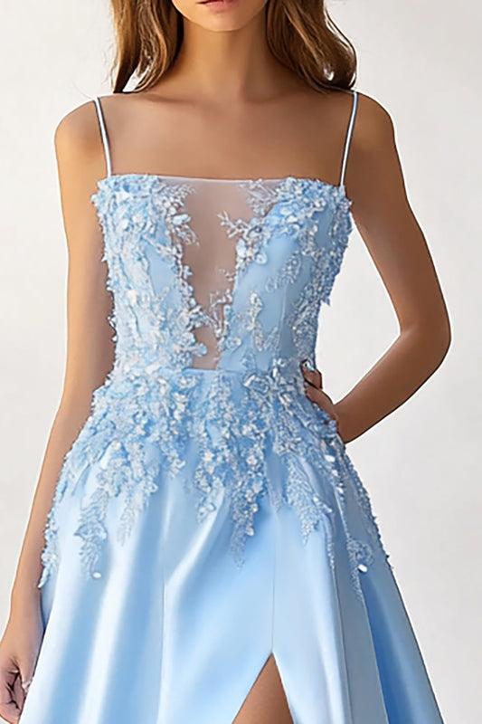 Sky Blue Satin A-Line Spaghetti Straps Long Prom Dress with Slit