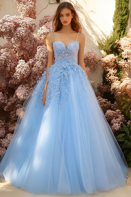Sky Blue Tulle Sweetheart Ball Gown Long Prom Dress with Lace
