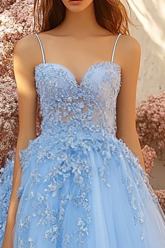 Sky Blue Tulle Sweetheart Ball Gown Long Prom Dress with Lace
