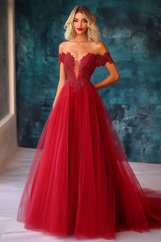 Red Tulle Off The Shoulder Ball Gown Long Prom Dress with Lace