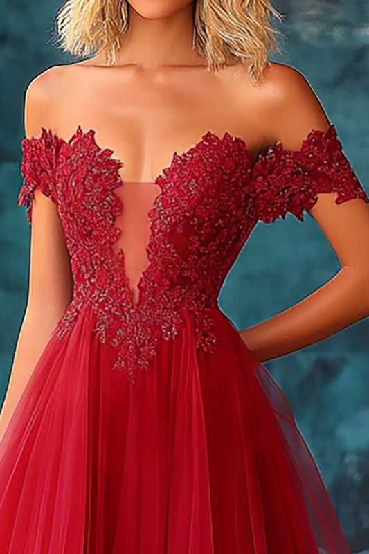 Red Tulle Off The Shoulder Ball Gown Long Prom Dress with Lace