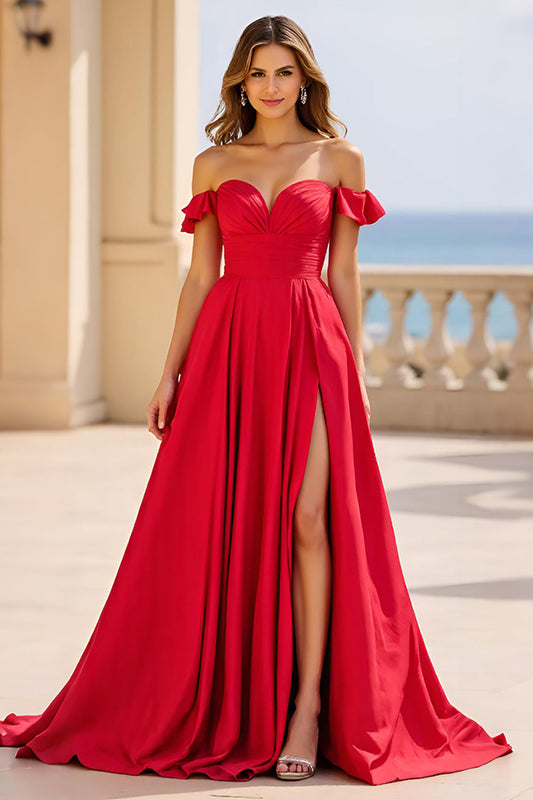 Red Satin A Line Off The Shoulder Long Prom Dress with Slit