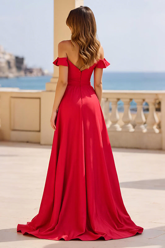 Red Satin A Line Off The Shoulder Long Prom Dress with Slit