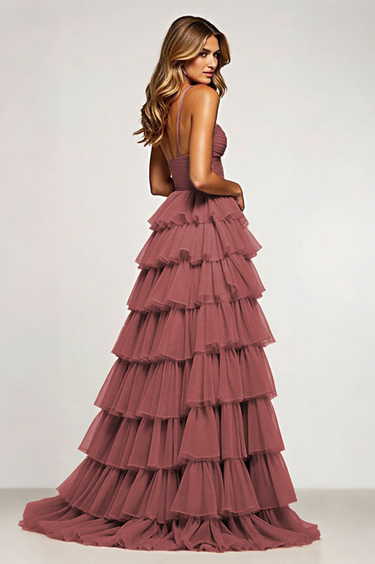 Desert Rose Tiered Sweetheart Long Ball Gown Prom Dress with Ruffles