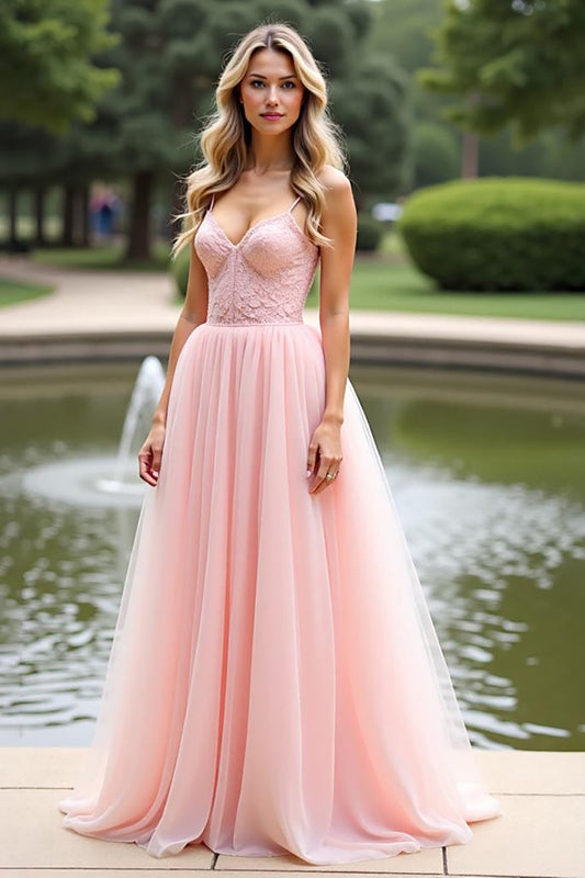 Pink A Line Organza Spaghetti Straps Long Prom Dress with Lace