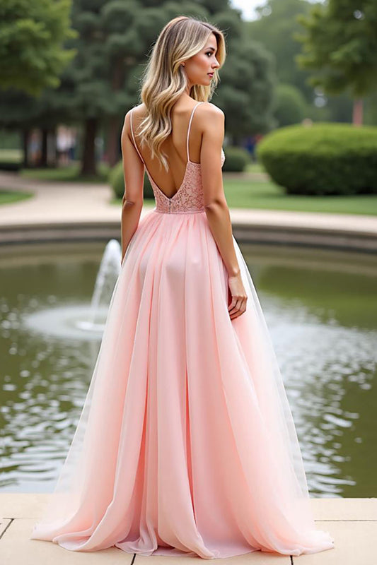 Pink A Line Organza Spaghetti Straps Long Prom Dress with Lace