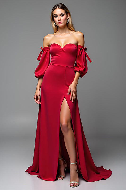 Red Satin Sweetheart Puff Sleeves A Line Long Prom Dress with Slit