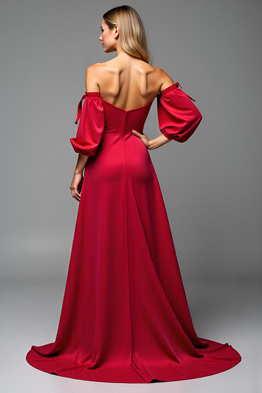 Red Satin Sweetheart Puff Sleeves A Line Long Prom Dress with Slit