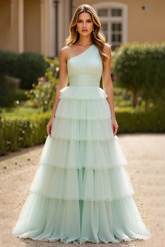 Mint Green One Shoulder Ball Gown Long Prom Dress with Ruffles
