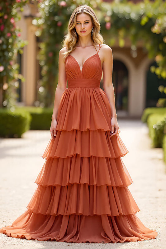 Terracotta Spaghetti Straps Tiered Long Ball Gown Prom Dress with Ruffles