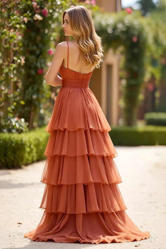 Terracotta Spaghetti Straps Tiered Long Ball Gown Prom Dress with Ruffles