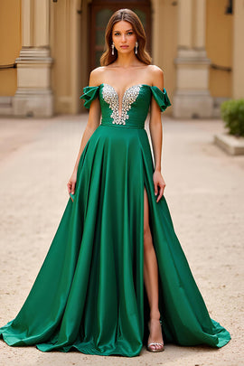 Dark Green Off The Shoulder Long Ball Gown Prom Dress with Slit