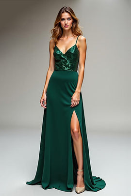 Dark Green Spaghetti Straps V-Neck Long Sheath Prom Dress with Slit