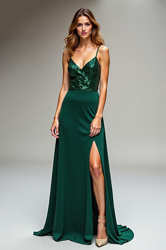 Dark Green Spaghetti Straps V-Neck Long Sheath Prom Dress with Slit