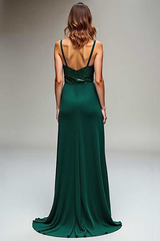 Dark Green Spaghetti Straps V-Neck Long Sheath Prom Dress with Slit