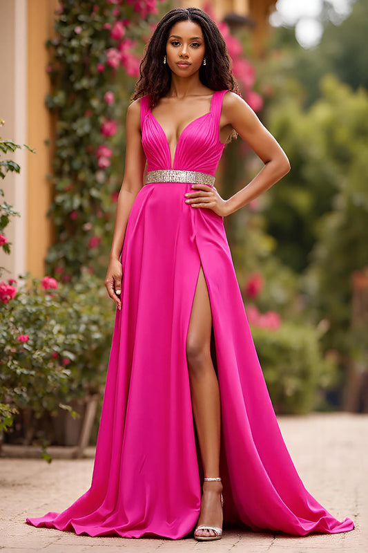 Fuchsia Satin V-Neck Belt Long A Line Prom Dress with Slit