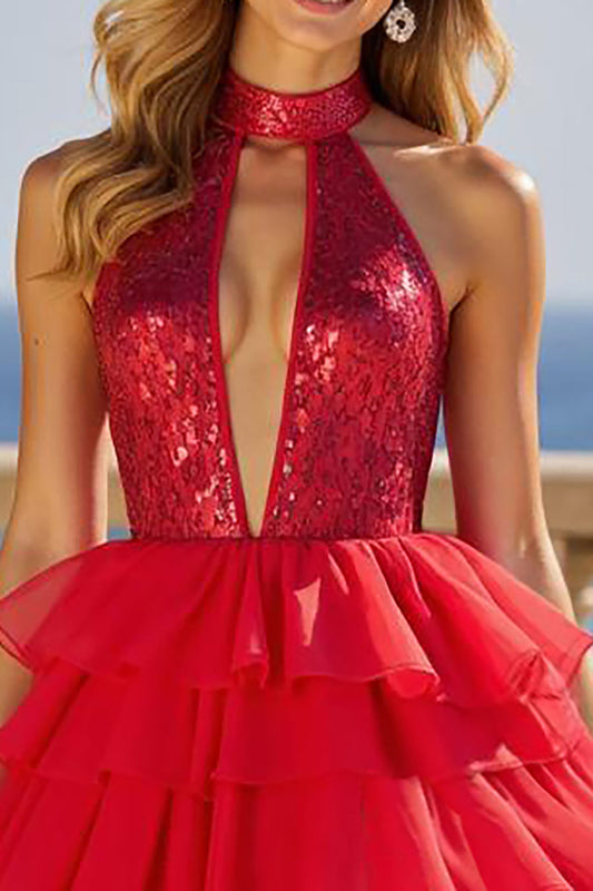 Red High Neck Keyhole Long Bow Gown Prom Dress with Ruffles