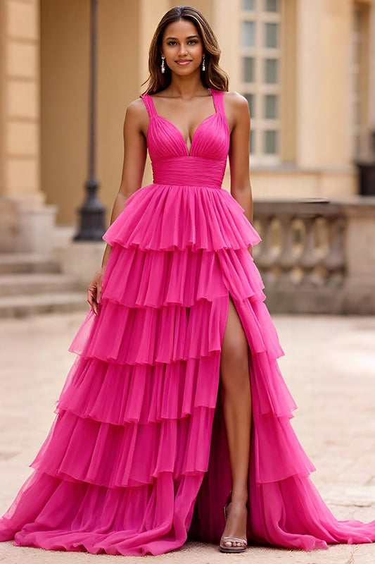 Fuchsia Tulle V-Neck Tiered Long Ball Gown Prom Dress with Slit