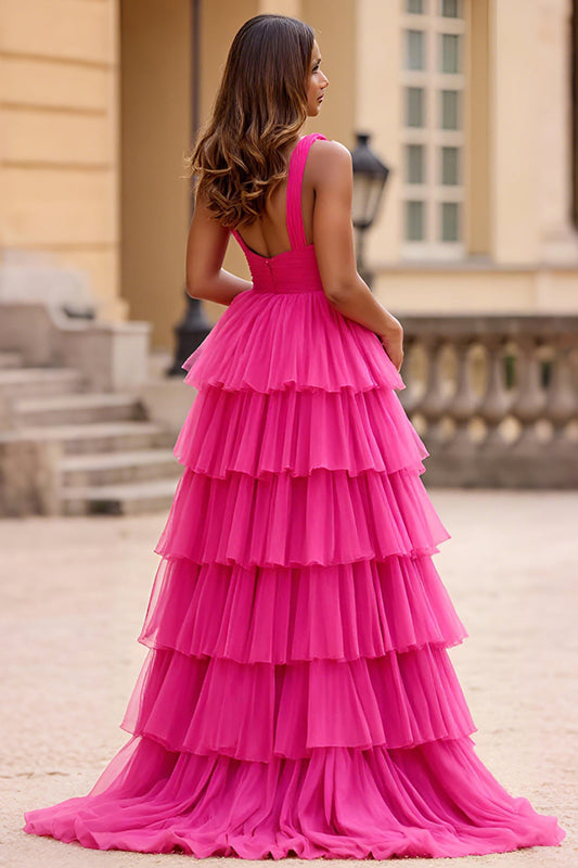 Fuchsia Tulle V-Neck Tiered Long Ball Gown Prom Dress with Slit