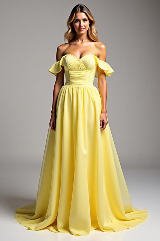 Light Yellow Chiffon Sweetheart Long Ball Gown Prom Dress with Ruffles
