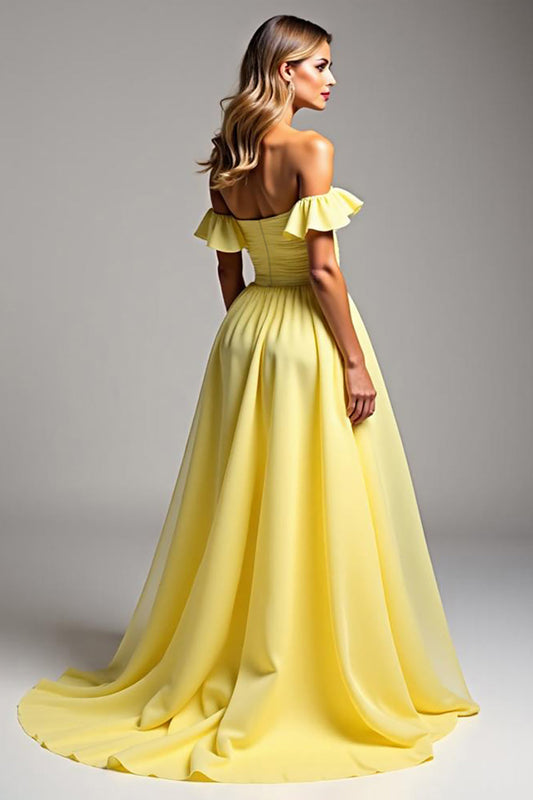 Light Yellow Chiffon Sweetheart Long Ball Gown Prom Dress with Ruffles
