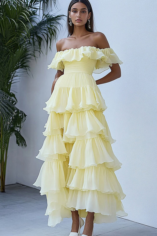 Daffodil Organza Long A Line Graduation Dress with Ruffles