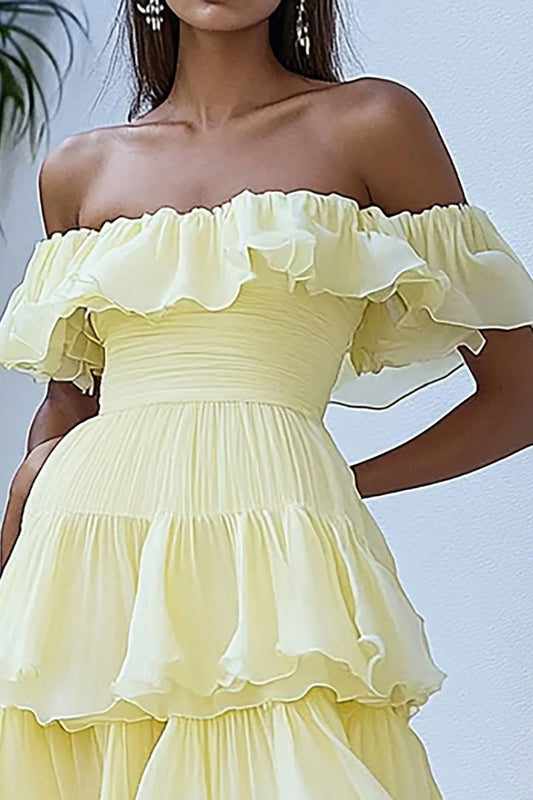 Daffodil Organza Long A Line Graduation Dress with Ruffles