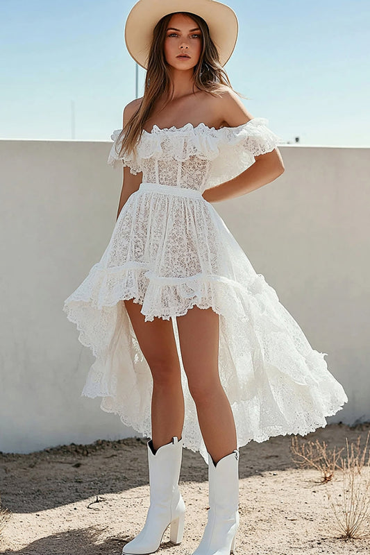 White Lace Off The Shoulder High-Low Boho Graduation Dress with Ruffles A Line Little White Dress