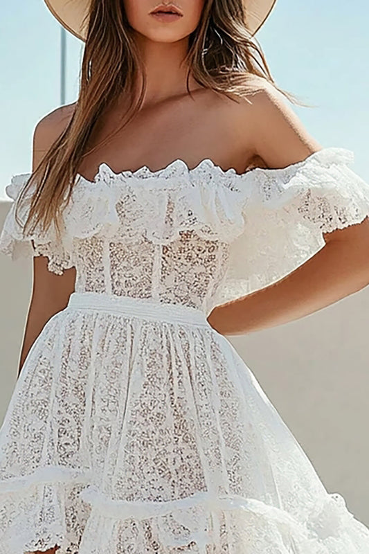 White Lace A Line Boho High-Low Graduation Dress with Ruffles
