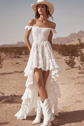 White Lace Off The Shoulder A Line High-Low Boho Maxi Dress