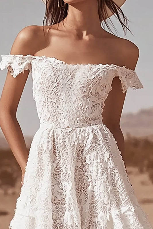 White Lace Off The Shoulder A Line High-Low Boho Maxi Dress
