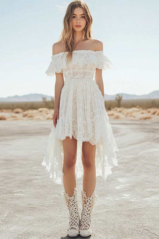 White Lace Off The Shoulder A Line Boho High-Low Graduation Dress