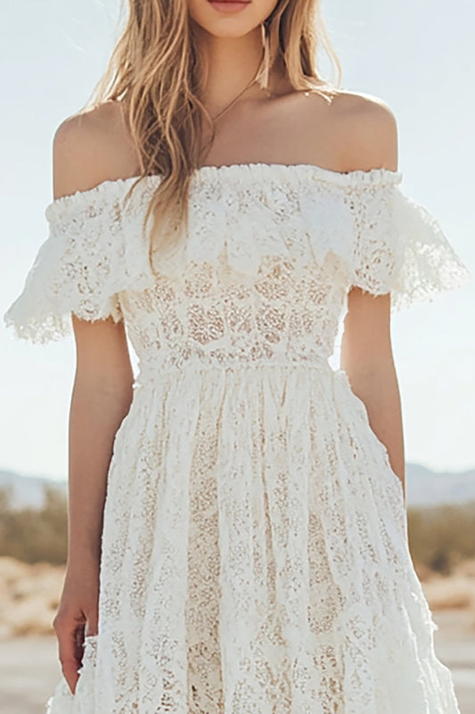 White Lace Off The Shoulder A Line Boho High-Low Graduation Dress