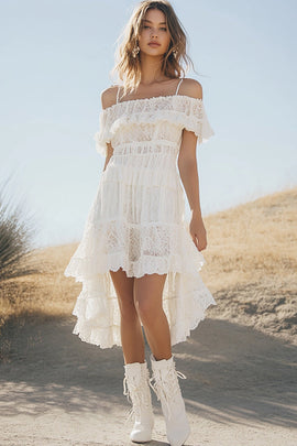 White Lace Cold Shoulder A Line High-Low Boho Graduation Dress