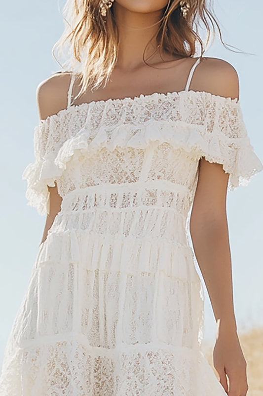 White Lace Cold Shoulder A Line High-Low Boho Graduation Dress
