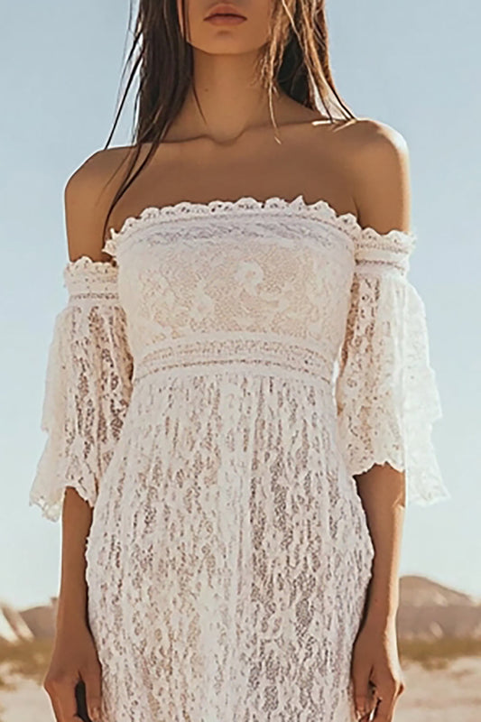 Lace White Off The Shoulder Boho Maxi Dress with Flare Sleeves