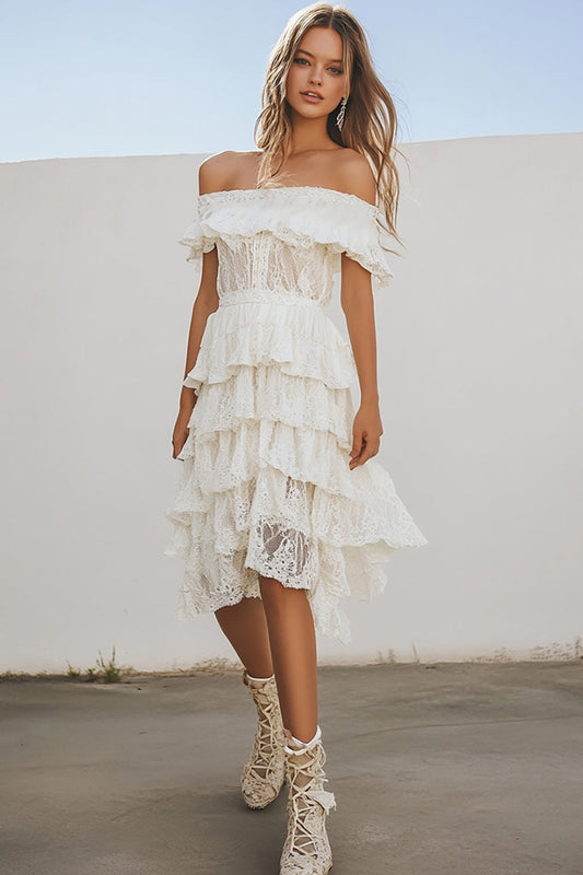 White Lace Midi Tiered A Line Boho Graduation Dress with Ruffles