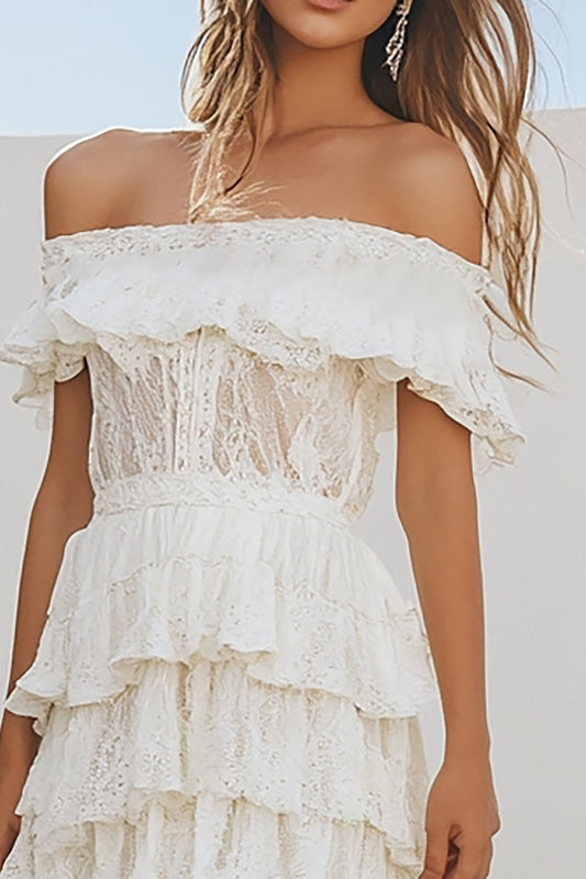 White Lace Midi Tiered A Line Boho Graduation Dress with Ruffles