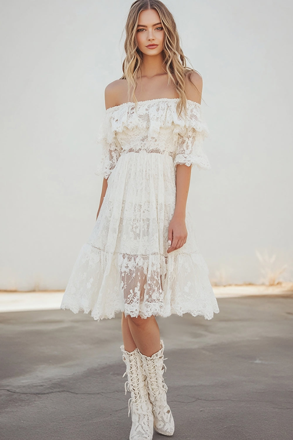 Zapakasa Women White Lace Off The Shoulder Midi Boho Graduation Dress with Ruffles Flare Sleeves A Line Little White Dress Zapakasa Women White Lace Off The Shoulder Midi Boho Graduation Dress with Ruffles Flare Sleeves A Line Little White Dress