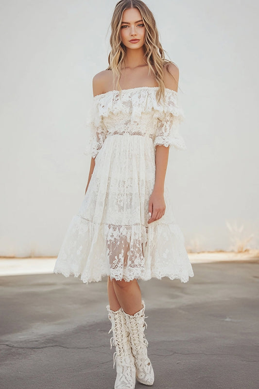 White Lace Midi A Line Boho Graduation Dress with Flare Sleeves
