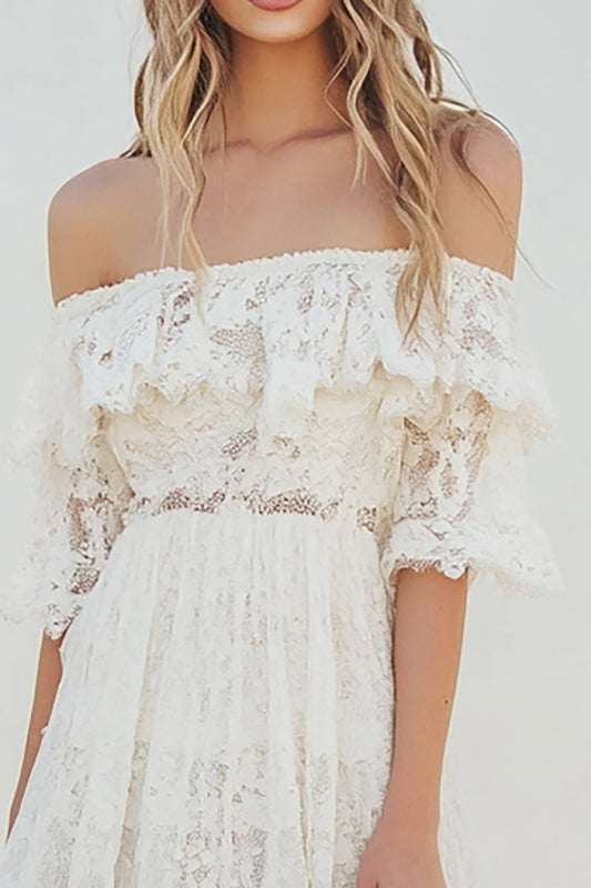 White Lace Midi A Line Boho Graduation Dress with Flare Sleeves