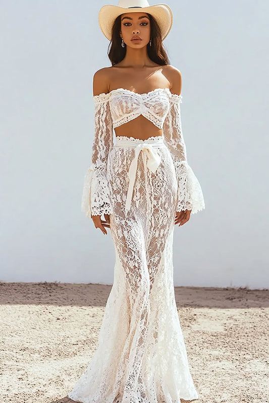 Two Piece White Lace Boho Maxi Dress with Long Sleeves