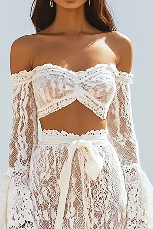 Two Piece White Lace Boho Maxi Dress with Long Sleeves
