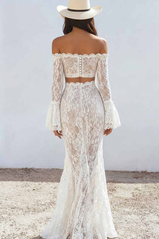 Two Piece White Lace Boho Maxi Dress with Long Sleeves