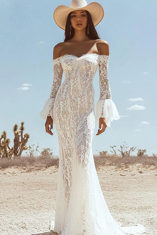 White Lace Off The Shoulder Mermaid Boho Maxi Dress with Sleeves