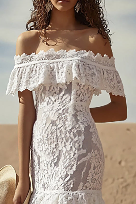 White Lace Off The Shoulder Long Boho Maxi Dress with Ruffles